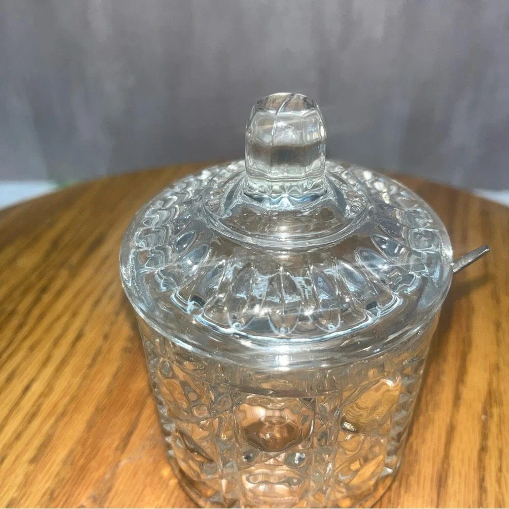 Vintage Federal Glass Clear Sugar Bowl Jam Jar w/Lid & spoon Button & Cane